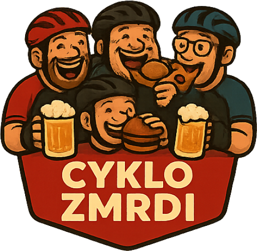 Logo Cyklo Zmrdi – čtyři cyklisti s pivem a burgerem